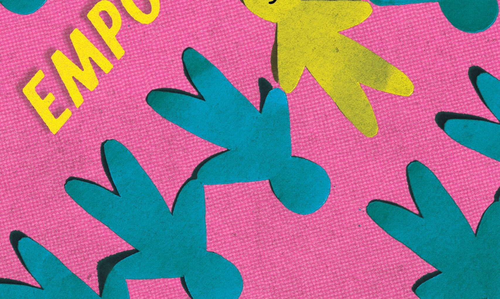 Pink background featuring upside blue paper cutouts of people with one right side up colored yellow