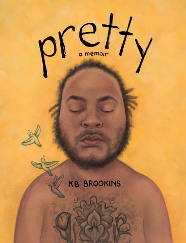 Book cover with a drawing of a person of color with a beard from the shoulders up and not wearing a shirt showing a chest tattoo; there are sketched birds.