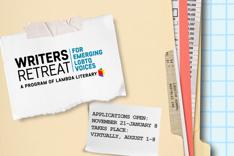 Text reads: Writers Retreat for Emerging LGBTQ Voices; Happening from August 1-8, Applications open from November 21-January 8