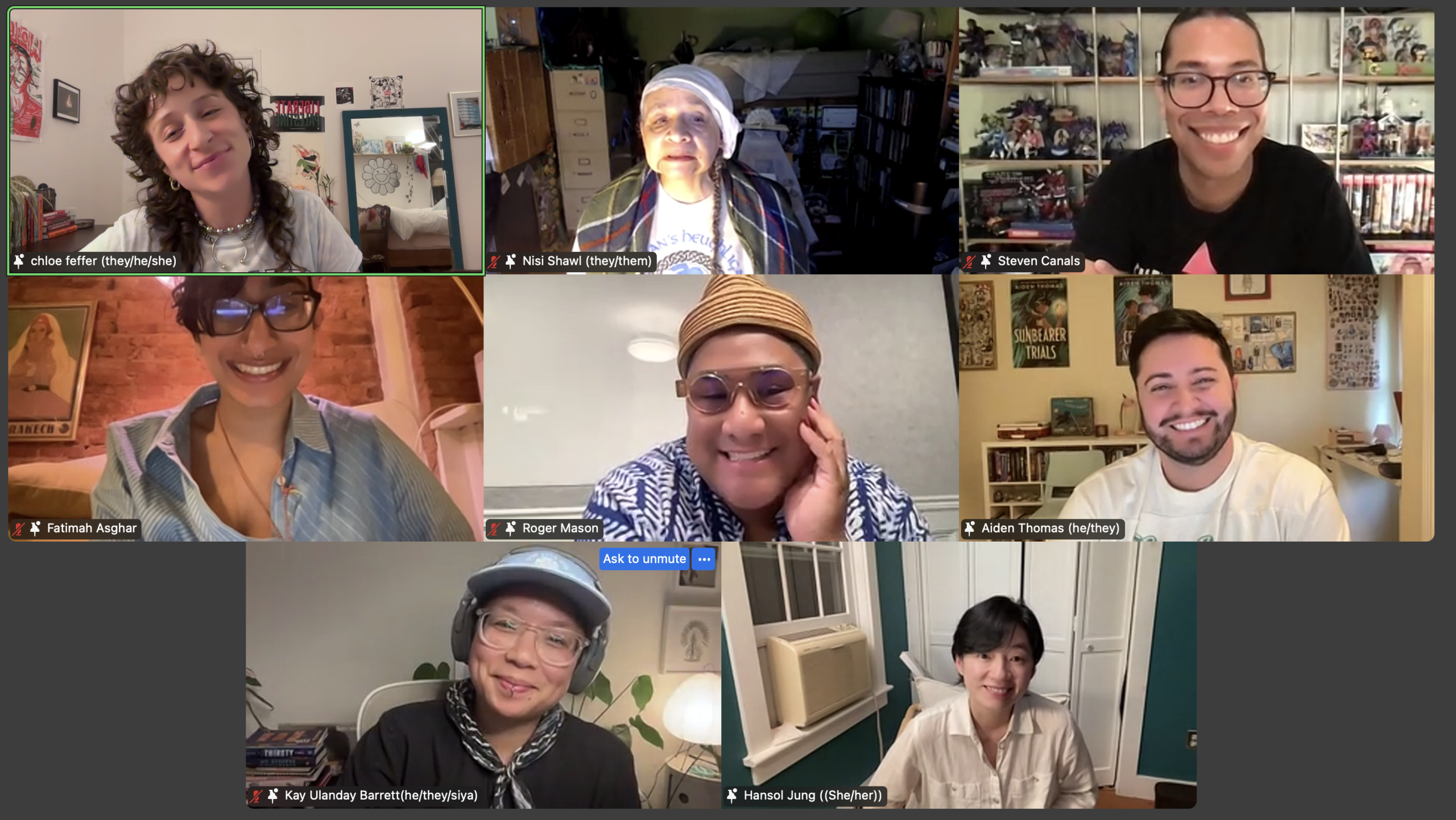 The 2025 Writers Retreat program manager and faculty members pictured in zoom boxes: chloe feffer, Nisi Shawl, Steven Canals, Fatimah Asghar, Roger Q. Mason, Aiden Thomas, Kay Ulanday Barrett, Hansol Jung