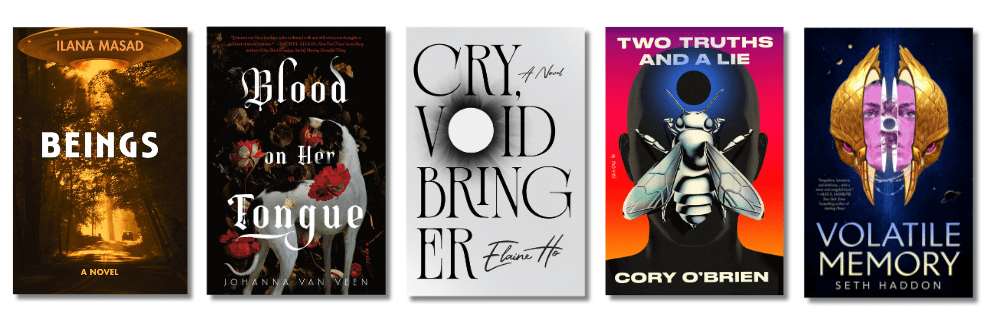 Book cover images of the five LGBTQ Speculative Fiction finalists