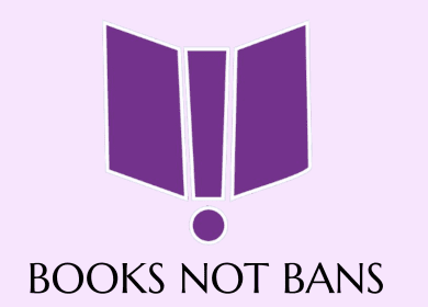 A light purple background with a dark purple book icon with an exclamation point as the spine of the book. Text reads: BOOKS NOT BANS