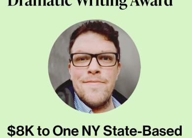 Lime green background with a circular image of a white-appearing person with dark brown hair, glasses, and facial stubble in the center. Text reads: The Ryan Hudak LGBTQ+ Dramatic Writing Award. $8k to one NY State-based Playwright or Screenwriter.