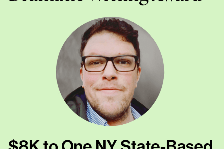 Lime green background with a circular image of a white-appearing person with dark brown hair, glasses, and facial stubble in the center. Text reads: The Ryan Hudak LGBTQ+ Dramatic Writing Award. $8k to one NY State-based Playwright or Screenwriter.
