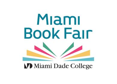 Teal text reads Miami Book Fair and an icon of an open book is below it, with green, pink, yellow, and blue pages.