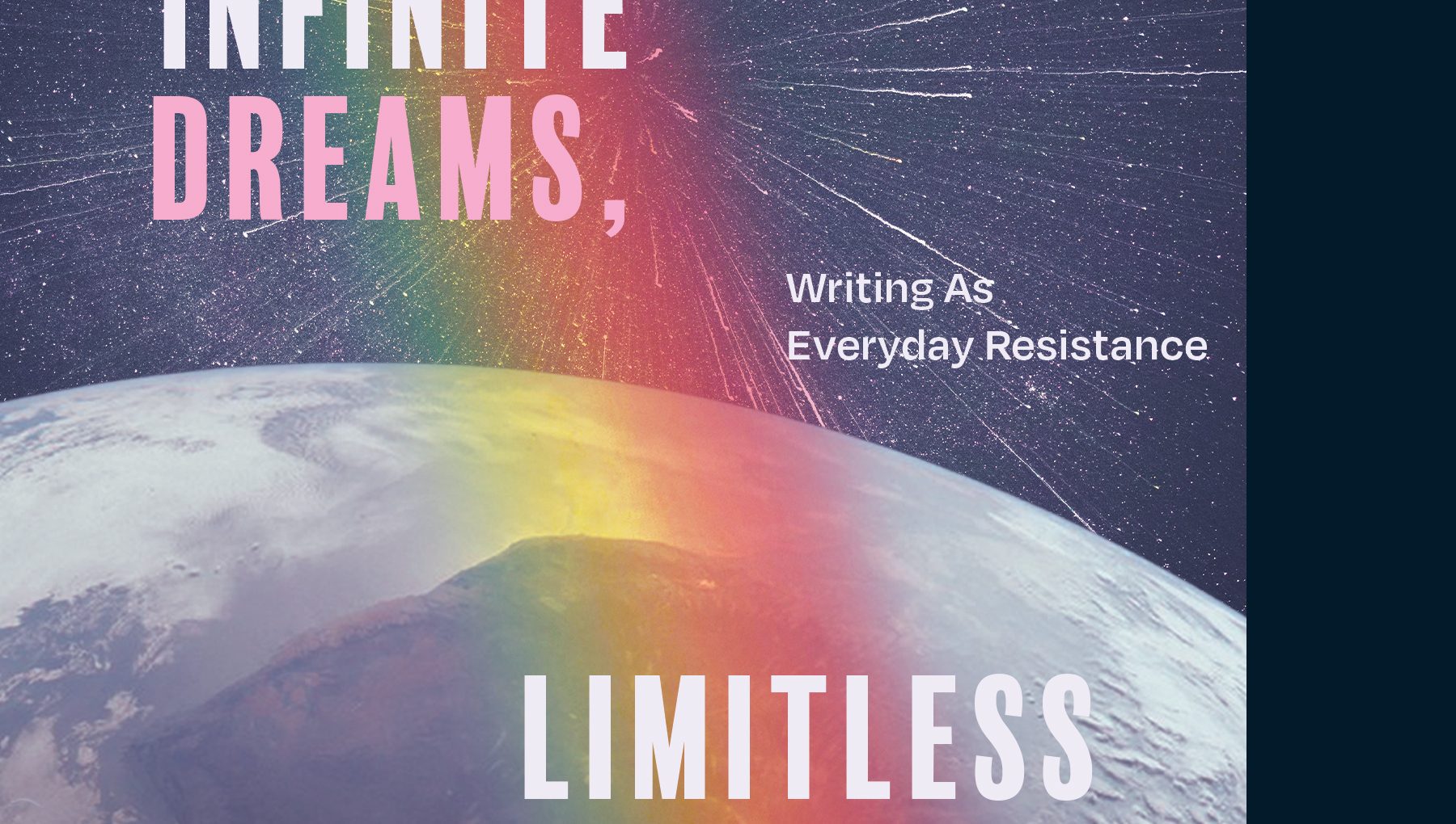 Book Cover of an anthology featuring a blue sky with a white and grey-blue earth behind a tree-covered landscape with a rainbow overlaid.