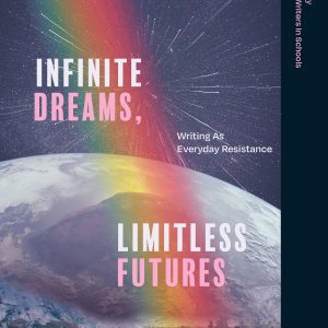Book Cover of an anthology featuring a blue sky with a white and grey-blue earth behind a tree-covered landscape with a rainbow overlaid.