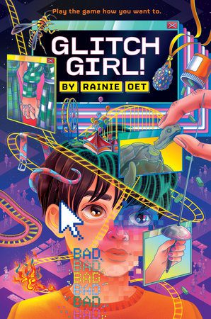Cover of Glitch Girl! by Rainie Oet. An illustration of a short haired person with many different images overlaid, like a computer mouse, a fencing sword, a pendant, a small fire, and hand holding.