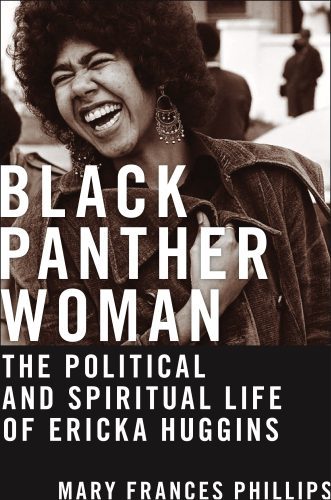 Cover of Black Panther Woman by Mary Frances Phillips. A black and white image of a woman of color with an afro whose eyes are squeezed shut and mouth is open in joyous laughter.