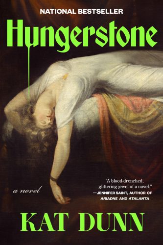 Cover of Hungerstone by Kat Dunn. A pale woman with light hair draped over a fabric surface on her back with her arms stretched out over her head.