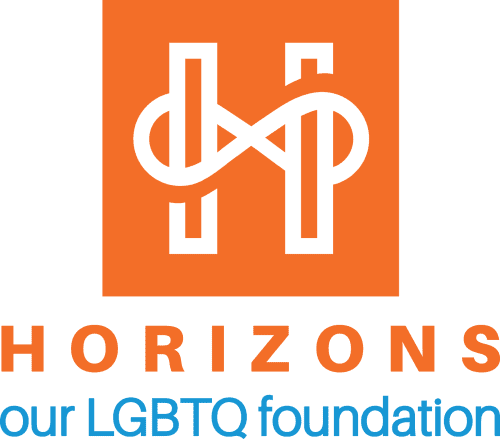 Orange background with white H logo where the bar of the H is an infinity sign. Orange text below reads Horizons. Below that in blue text reads our LGBTQ foundation.